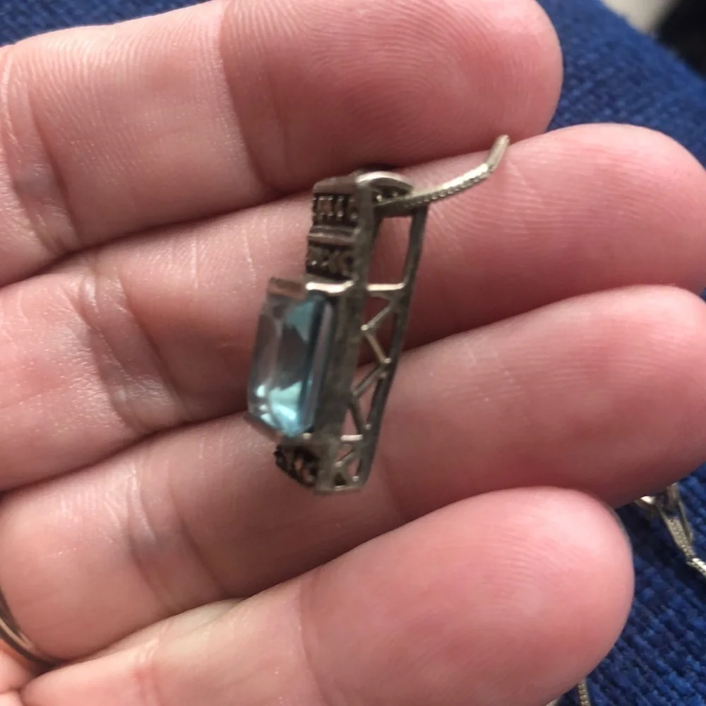Sterling Silver Hematite and Princess Cut Blue Topaz Necklace with Snake Chain. - Picture 2 of 5